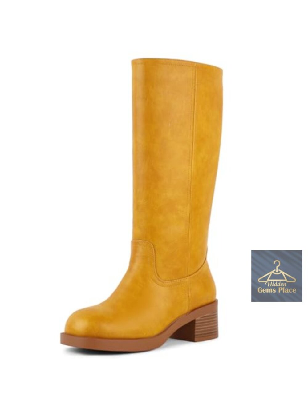 Faux Leather Square Toe Knee High Pull On Block Heel Boots